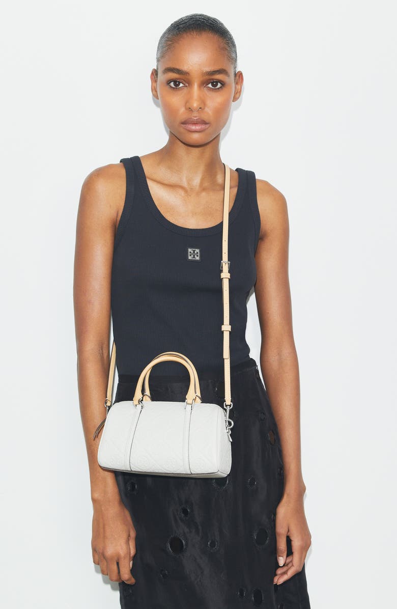 Tory Burch Mini T Monogram Leather Barrel Bag, Alternate, color, Light Titanium