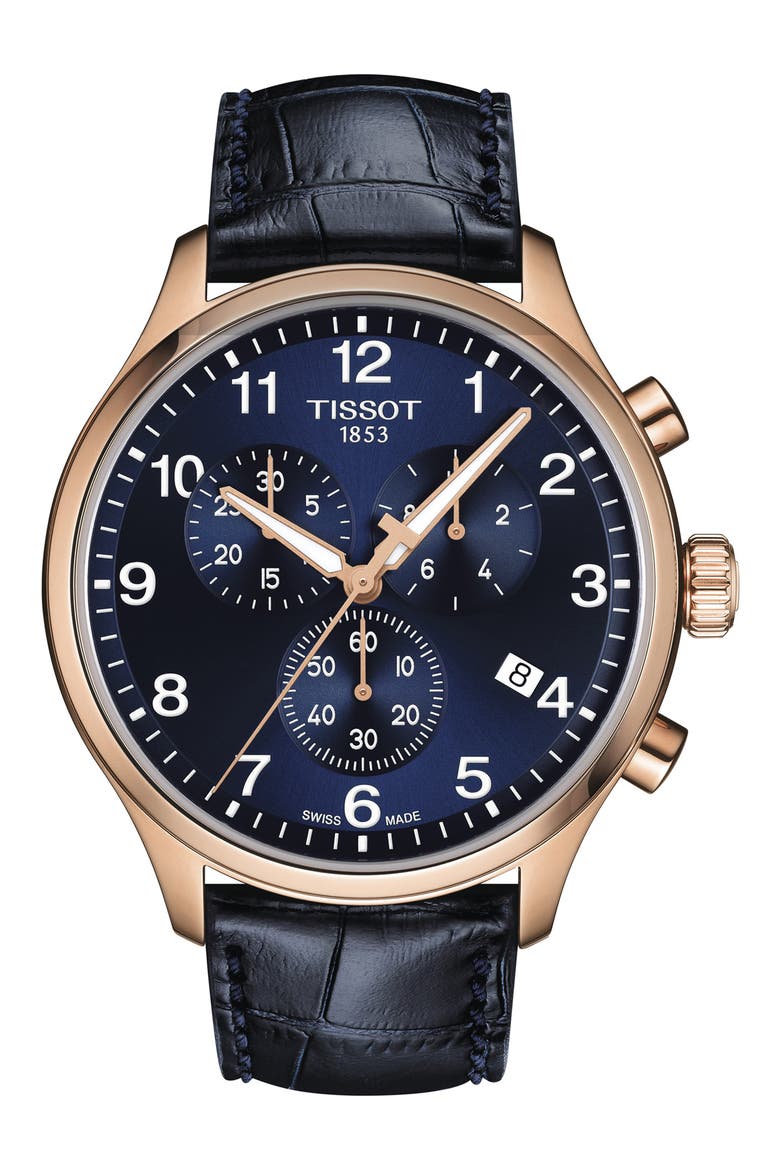 Chrono XL Collection Chronograph Leather Strap Watch, 45mm, Main, color, BLUE