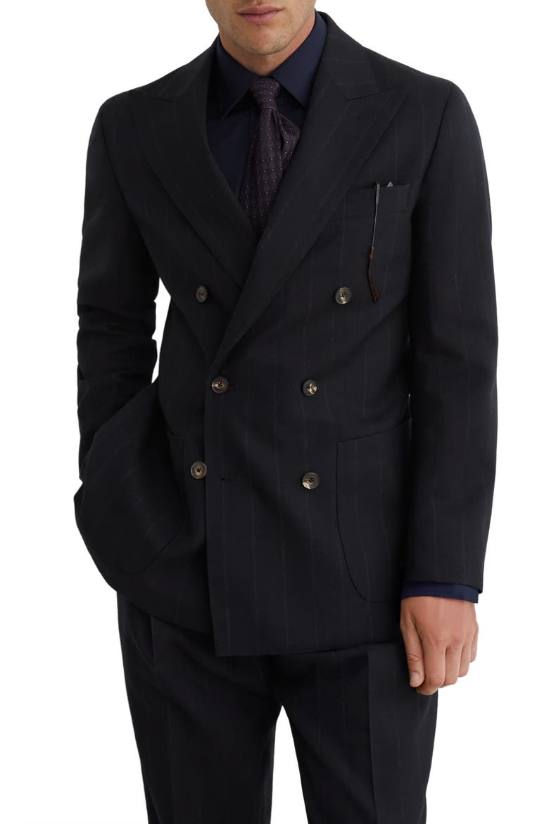 Valley Pinstripe Wool Double Breasted Dinner Jacket, Main, color, NAVY