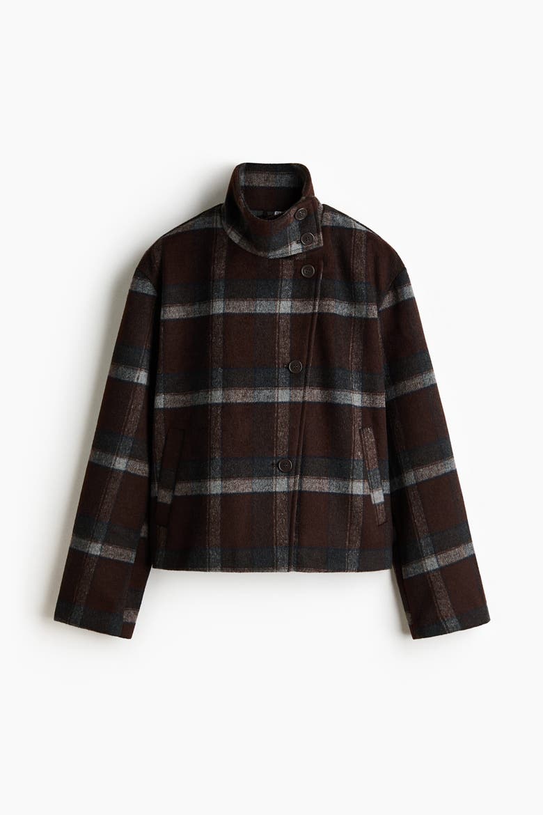 Felted Funnel-Collar Jacket, Alternate, color, Brown/plaid