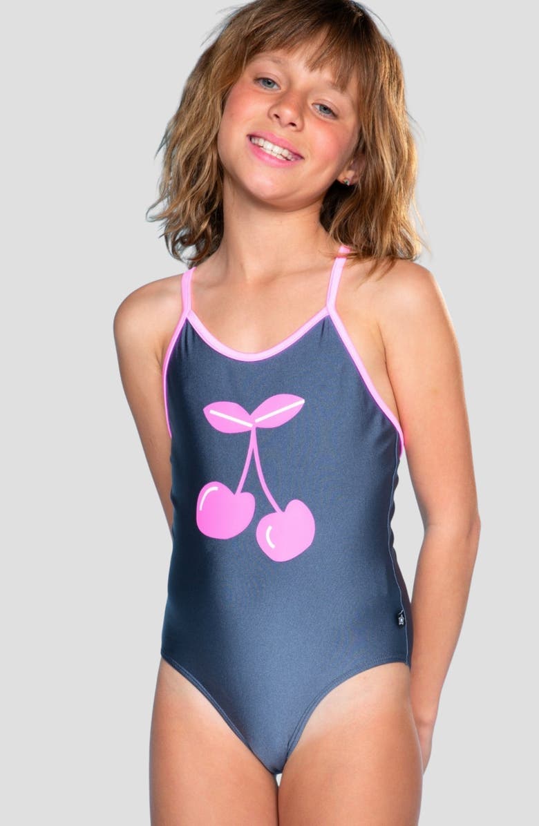PixieLane Kids' Strappy One-Piece Swimsuit, Alternate, color, Charcoal/ Pink