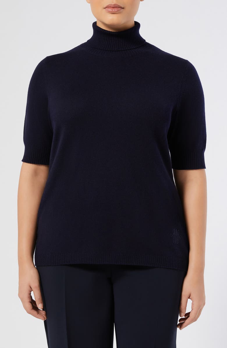 Marina Rinaldi Nepal Turtleneck Short Sleeve Cashmere Sweater, Main, color, Navy