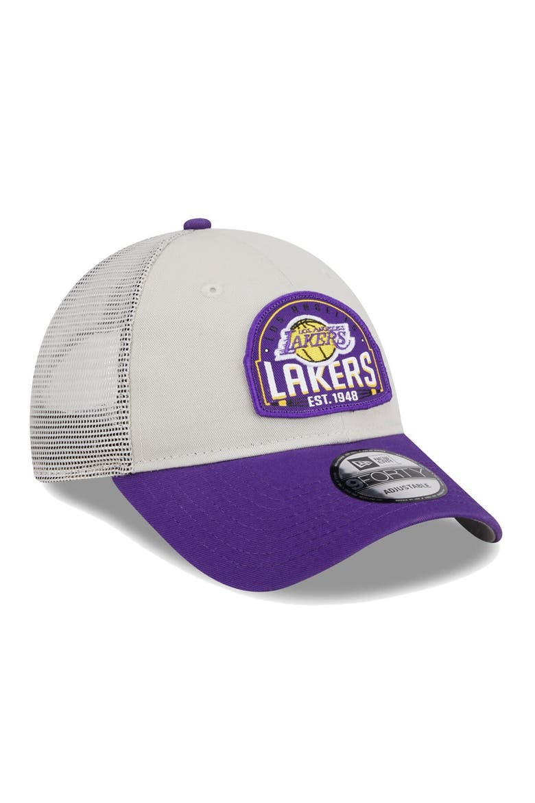 Men's New Era Khaki/Purple Los Angeles Lakers Throwback Patch Trucker 9FORTY Adjustable Hat, Alternate, color, Khaki