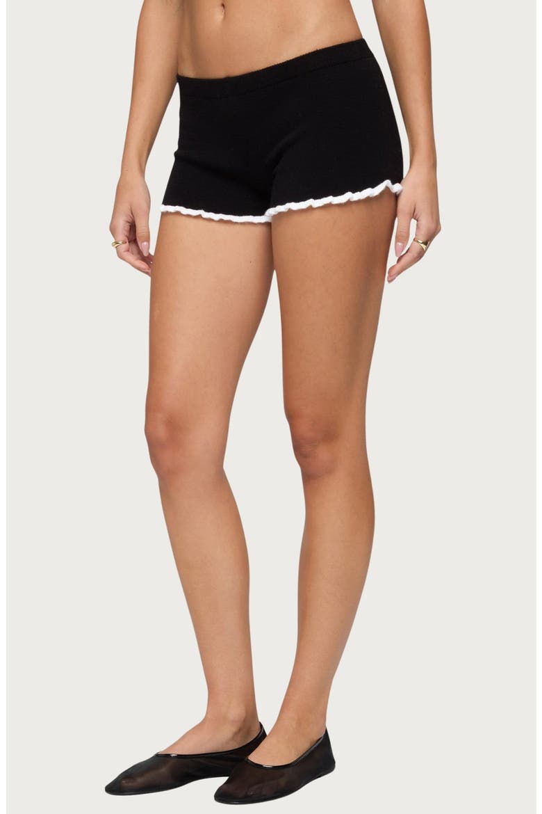 Saffra Contrast Ruffle Knit Micro Shorts, Alternate, color, BLACK
