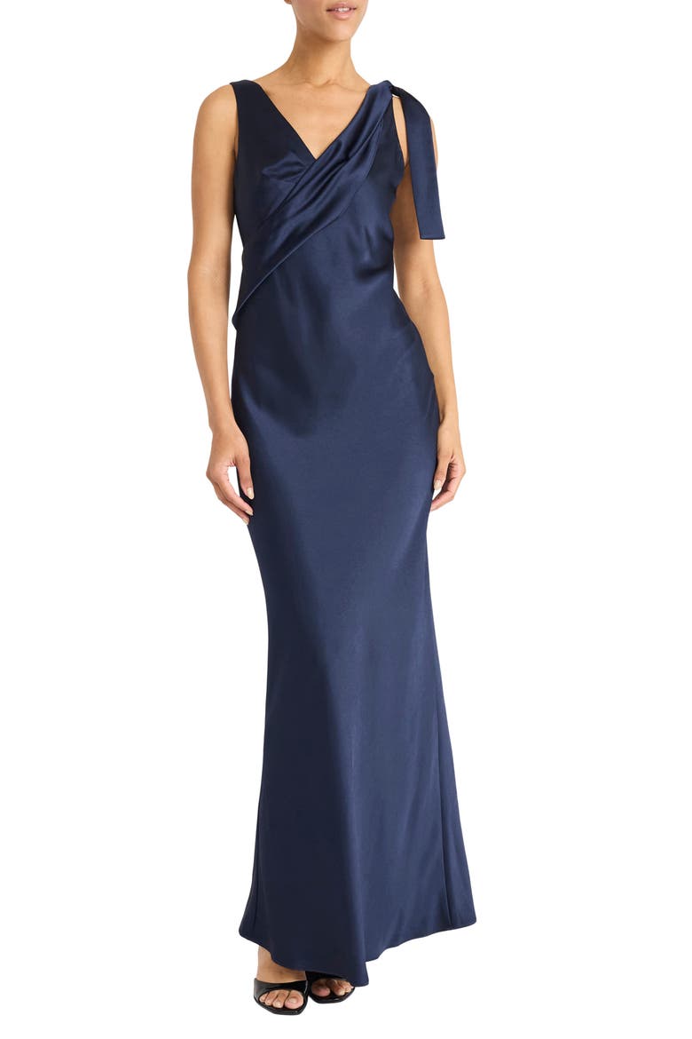 Tie Detail Satin Gown, Main, color, NAVY
