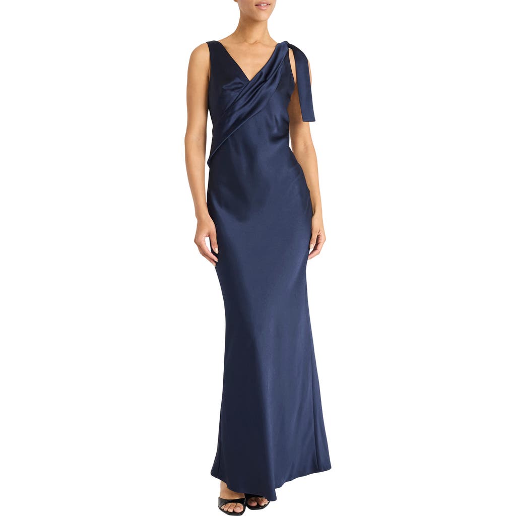 Maggy London Tie Detail Satin Gown In Navy