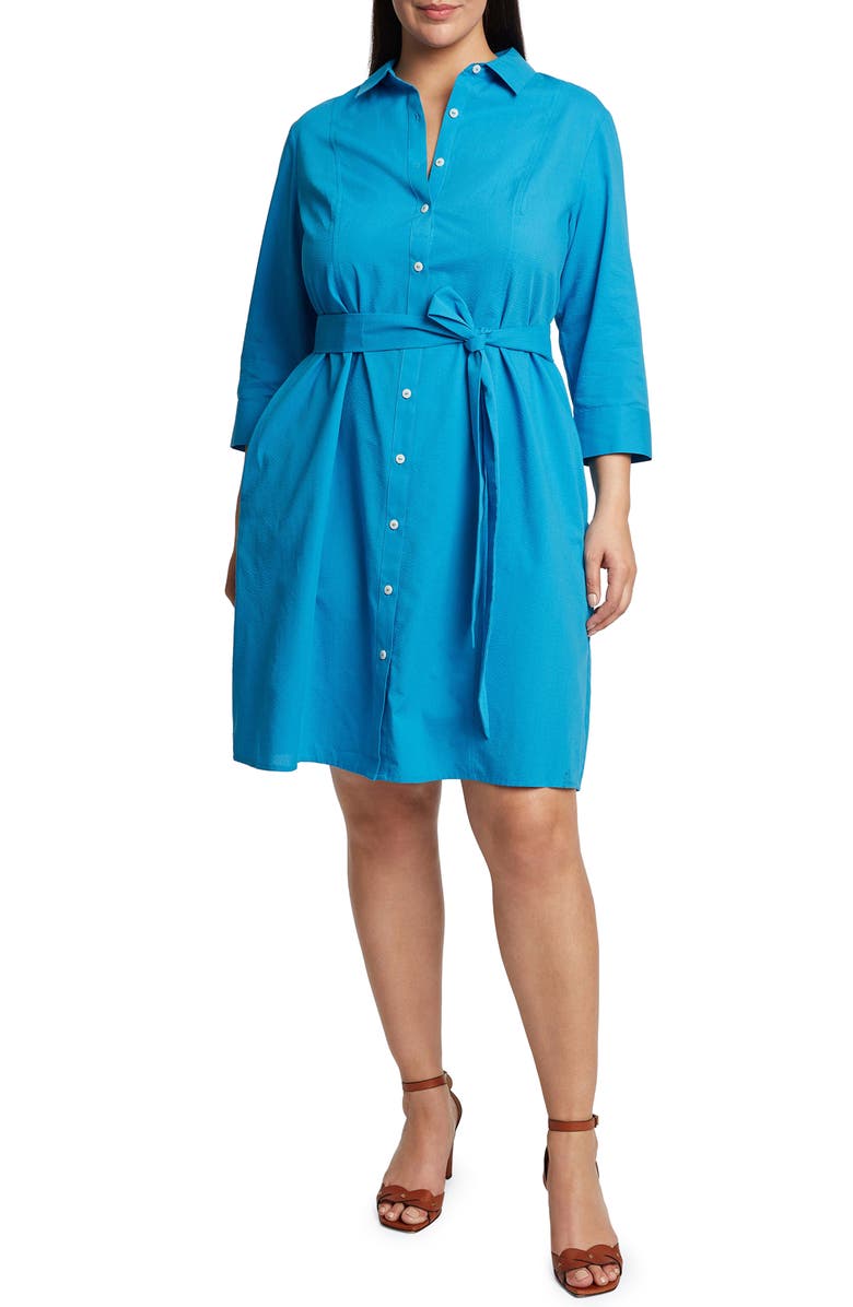 Foxcroft Fiona Belted Seersucker Shirtdress, Main, color, 