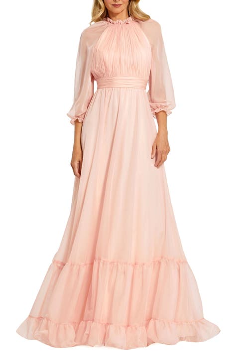 Chiffon Ruffled High Neck Raglan Sleeves Evening Gown