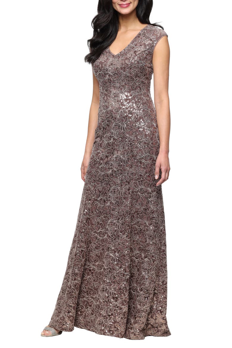 Sequin Corded Lace Trumpet Gown, Main, color, MOCHA