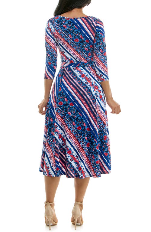 Nina Leonard Floral Stripe Three-quarter Sleeve A-line Dress In Red Blue Multi