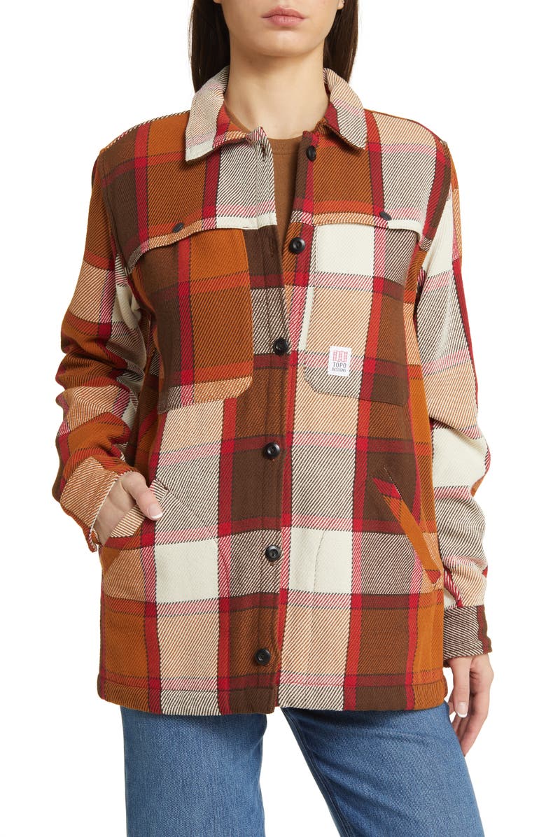 Topo Designs Mountain Oversize Plaid Organic Cotton Shirt Jacket, Alternate, color, Brown/ Natural Plaid