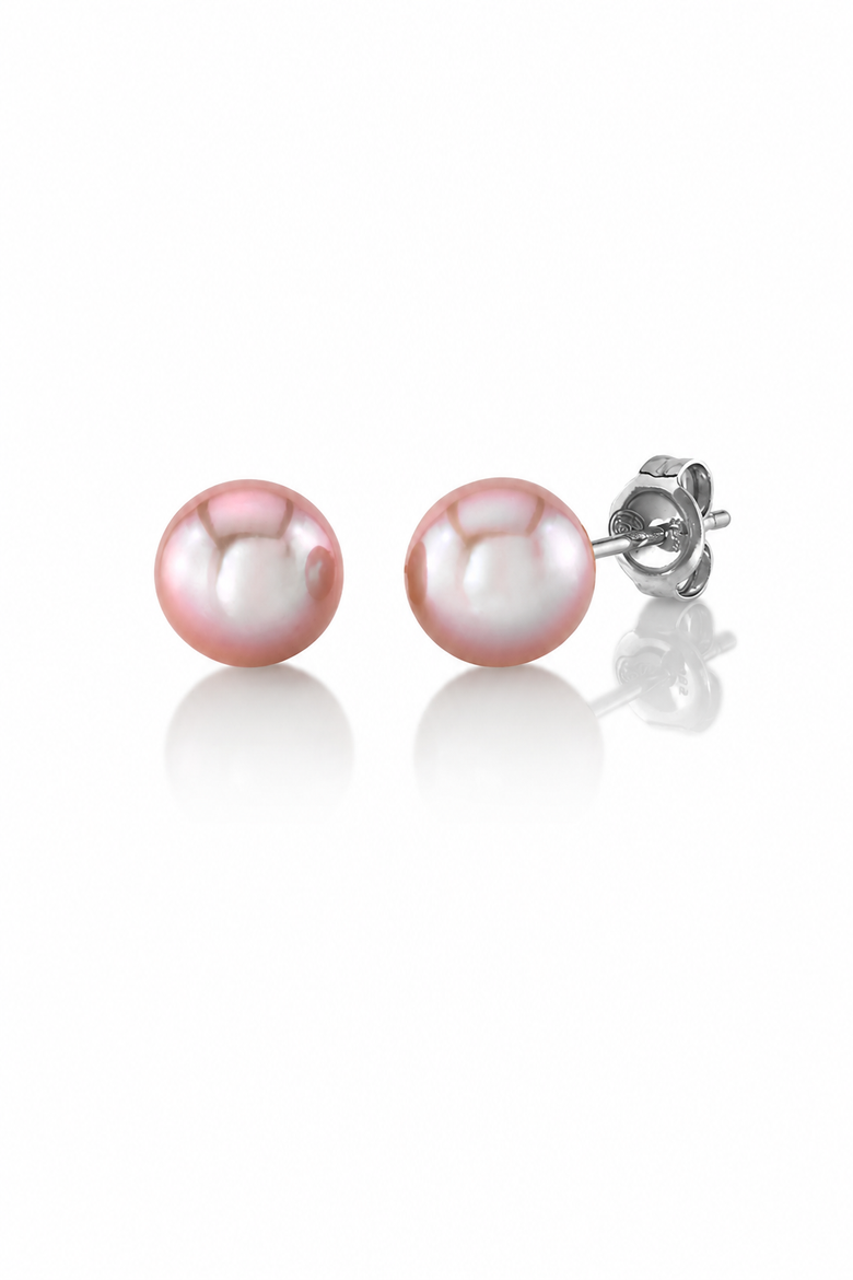 8mm Pink Freshwater Round Pearl Stud Earrings, Main, color, White Gold