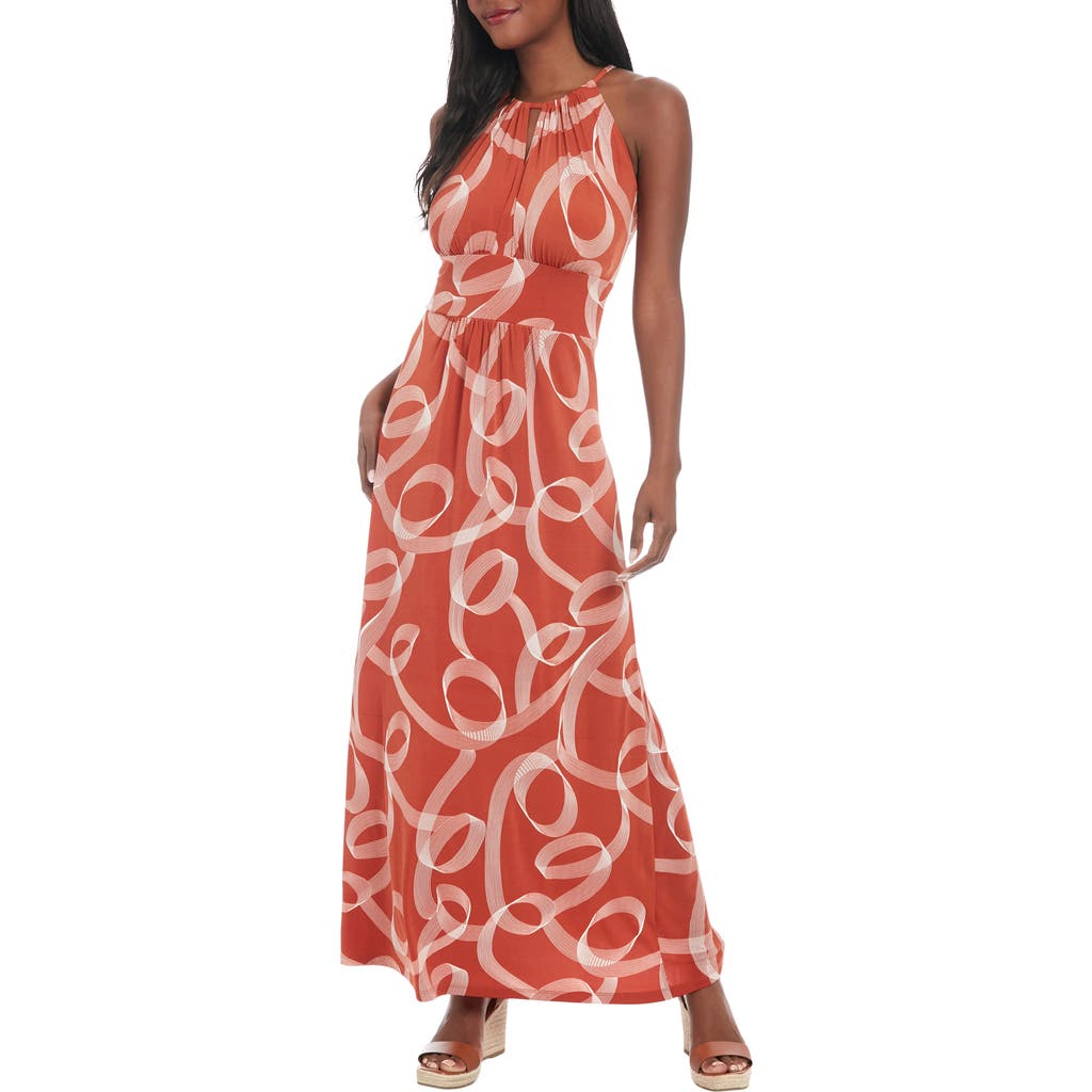 London Times Swirly Scroll Printed Jersey Dress In Burgundy