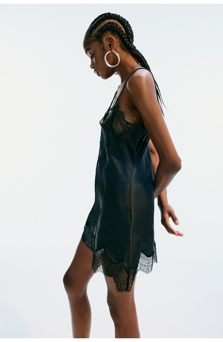 H&M Lace-trimmed Strappy Satin Top, Alternate, color, Black