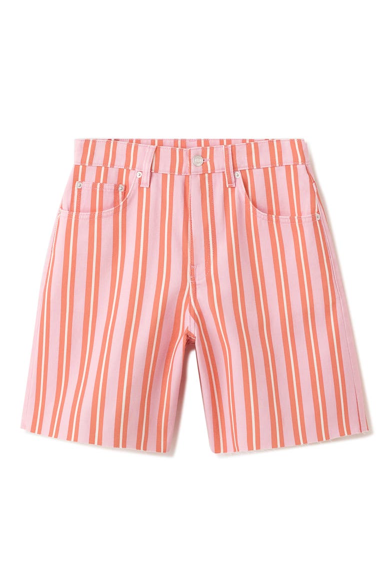 Raw Hem Stripe Denim Bermuda Shorts, Alternate, color, ORANGE