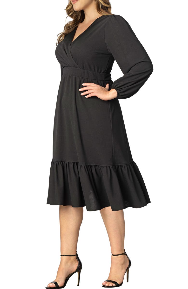 Kiyonna Portia Long Sleeve Midi Faux Wrap Cocktail Dress, Alternate, color, Black Noir