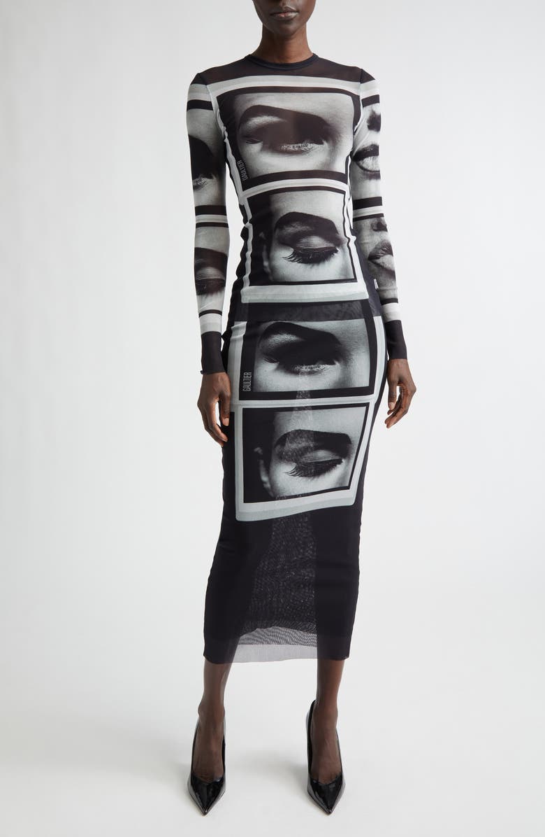 Jean Paul Gaultier Re-Edition Eyes 
Lips Long Sleeve Mesh Top, Alternate, color, Black/ Grey/ White