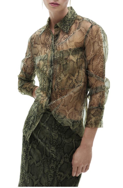 Snakeskin Print Semisheer Organza Button-Up Shirt
