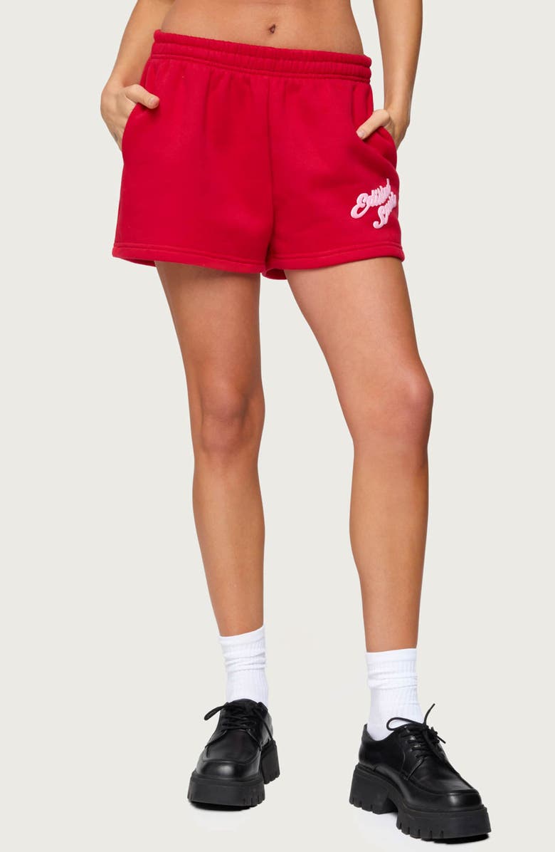 EDIKTED So Sporty Sweatshorts, Main, color, Red