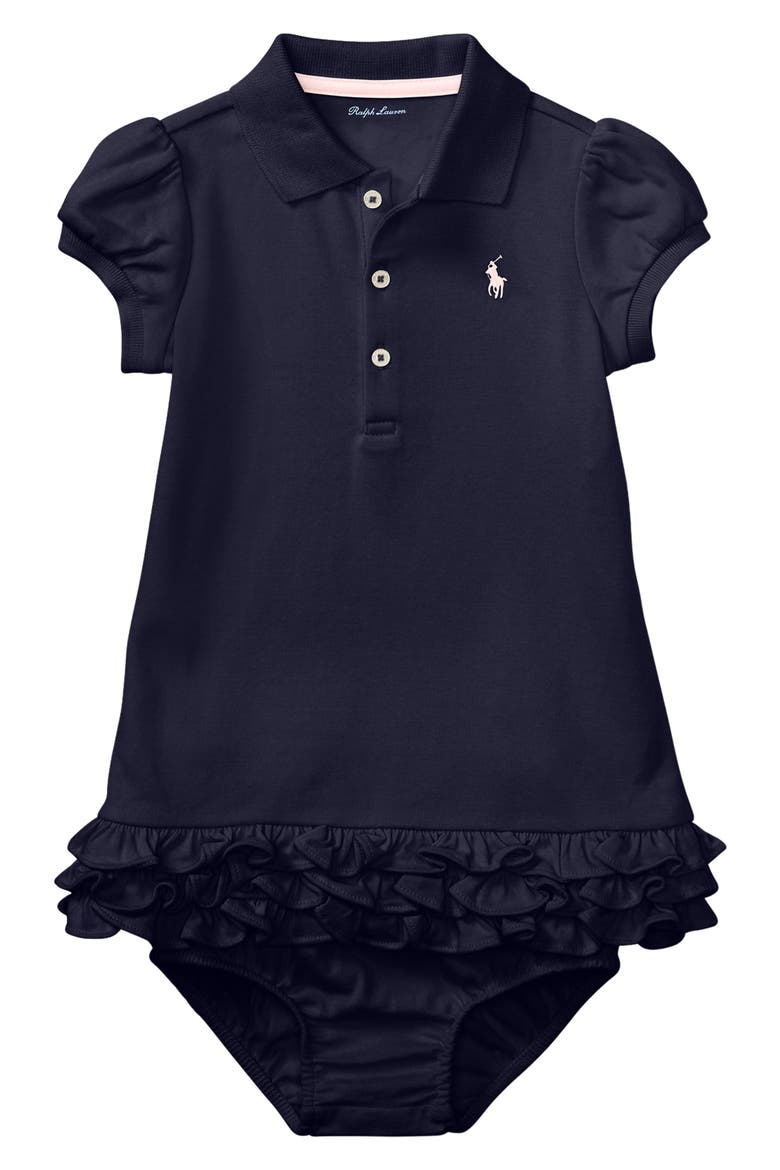 'Cupcake' Ruffle Hem Polo Dress & Bloomers, Main, color, REFINED NAVY