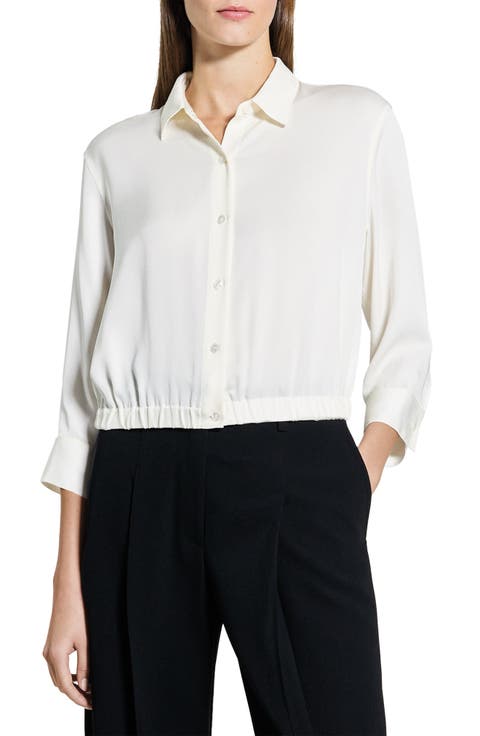 Elastic Hem Silk Button-Up Shirt