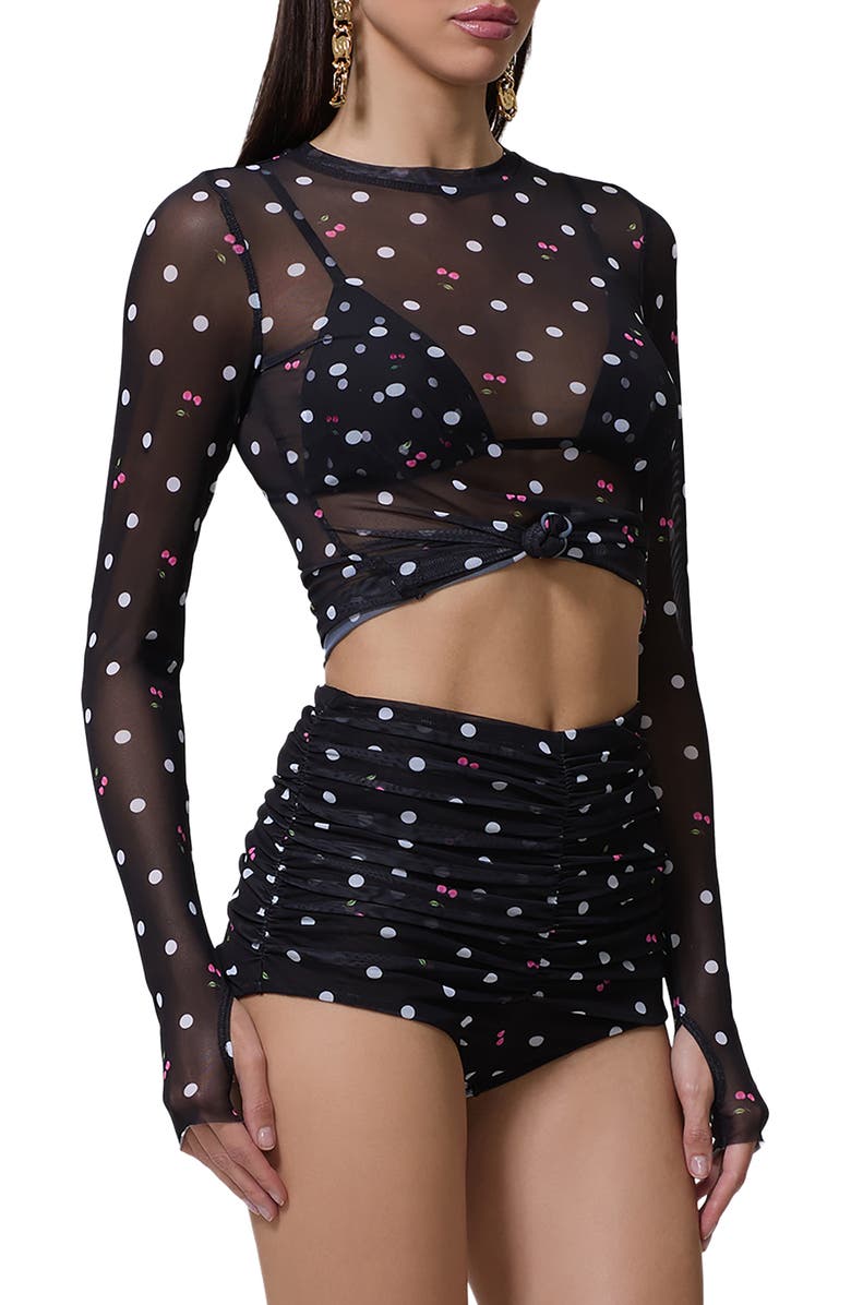 AFRM Kaylee Printed Long Sleeve Mesh Top, Alternate, color, Cherry Dots