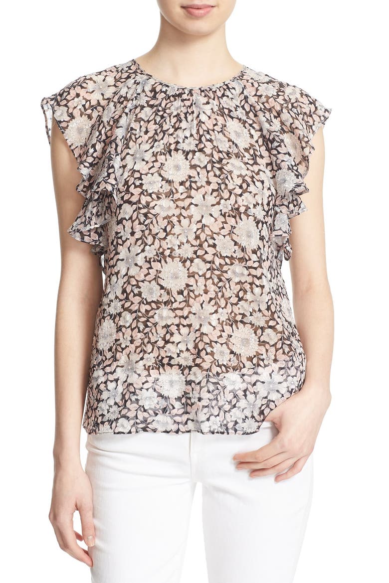 Floral Print Ruffle Sleeve Silk Top, Main, color, BLACK/ CAMEO