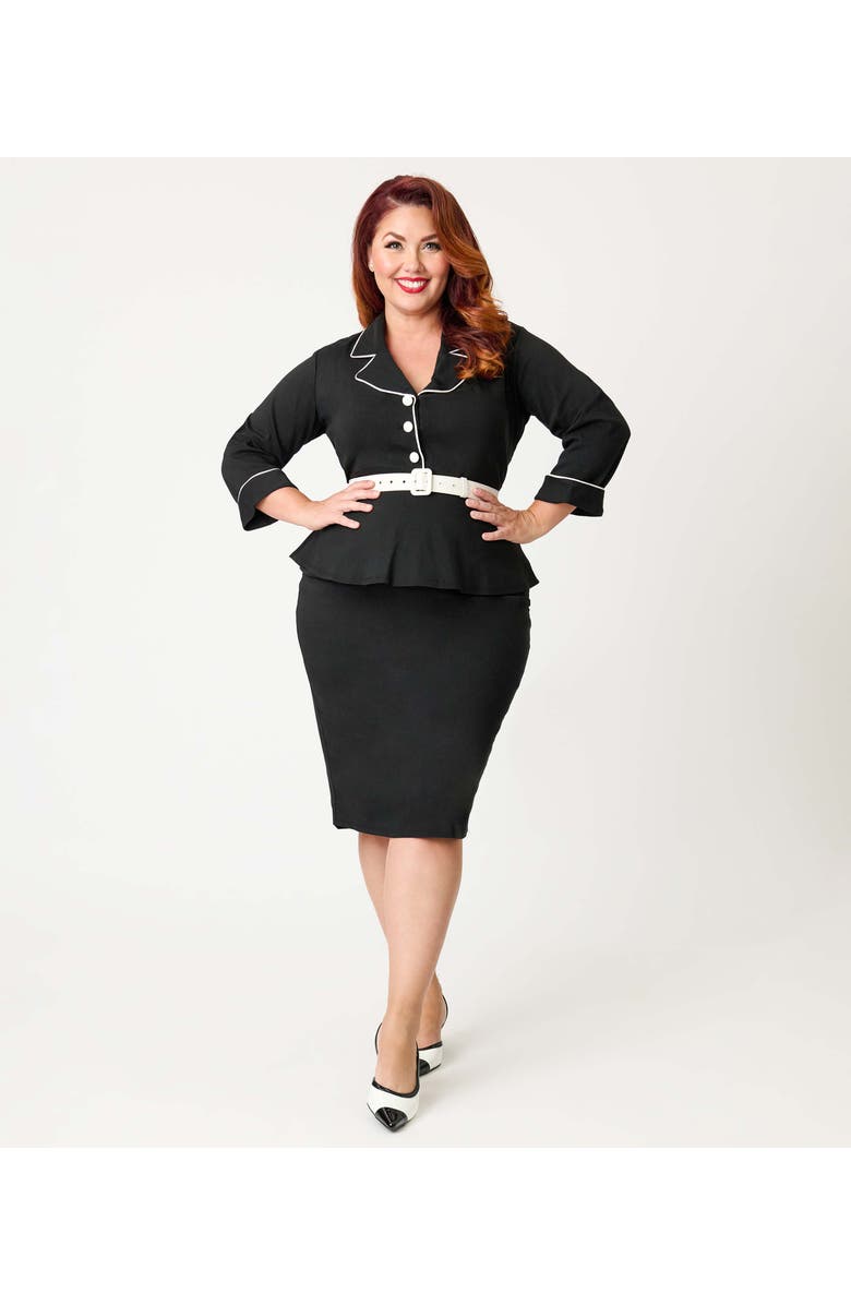 Unique Vintage Plus Size Peplum Cooper Suit Pencil Dress, Main, color, Black & Ecru