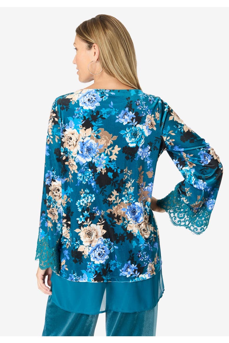 Lace Trim Velour Tunic, Alternate, color, ALMOND BROWN