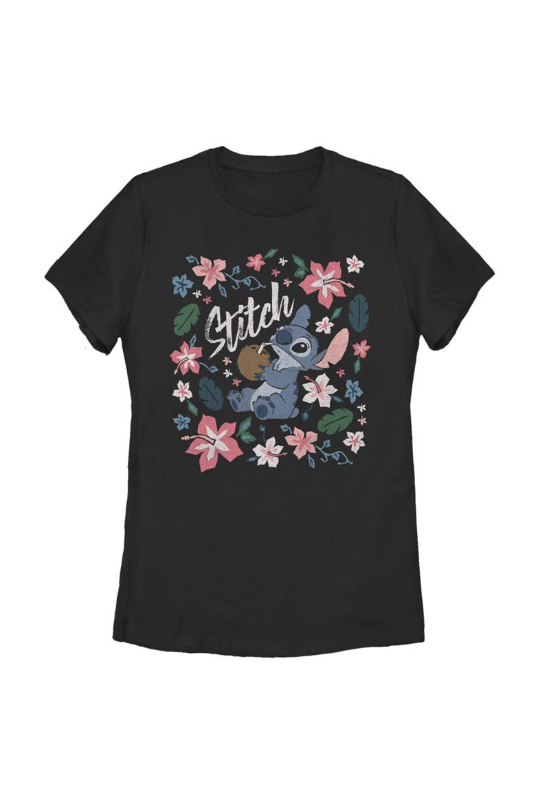 Women's Lilo & Stitch Flowers and a Coconut  Graphic T-Shirt, Main, color, Black