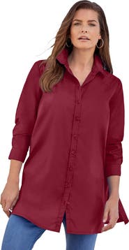 Roaman's Kate Long Sleeve Crisp Cotton Blend Button Front Tunic