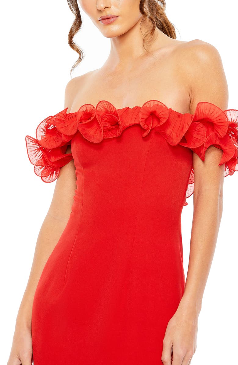 Mac Duggal Off the Shoulder Ruffle Detail Column Gown, Alternate, color, Red