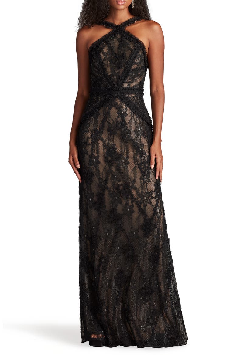 Metallic Floral Cross Neck Gown, Main, color, BLACK/ NUDE