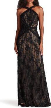 SHO by Tadashi Shoji Metallic Floral Cross Neck Gown
