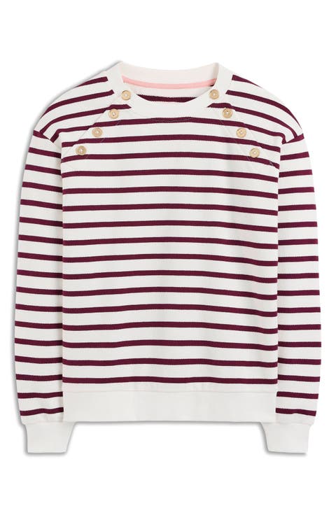 Button Detail Stripe Cotton Sweatshirt