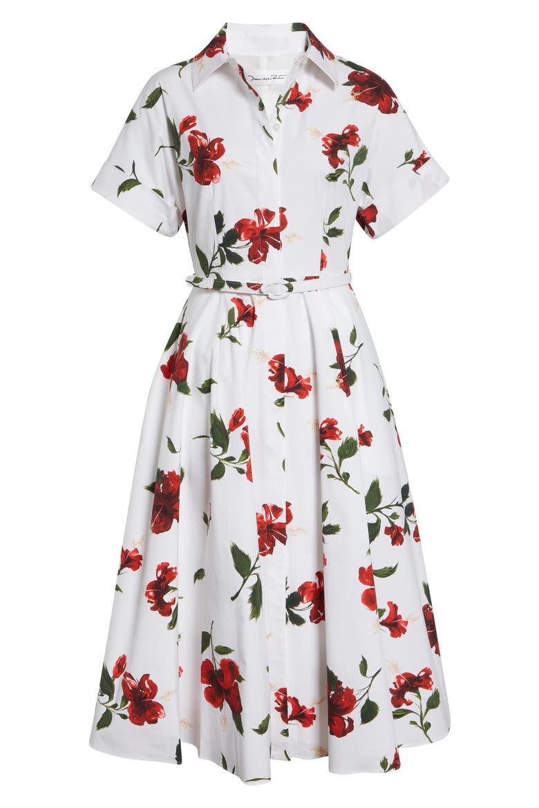 Chiné Hibiscus Cotton Stretch Poplin Midi Shirtdress, Alternate, color, RED/ WHITE