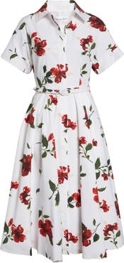 Oscar de la Renta Chiné Hibiscus Cotton Stretch Poplin Midi Shirtdress