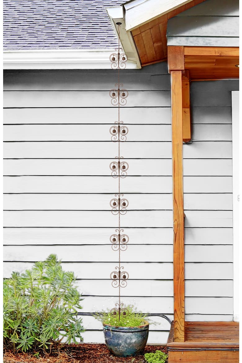 8.5ft Faux Copper Butterfly Shaped Rain Chain with V-Shaped Gutter Clip, Alternate, color, Bronze