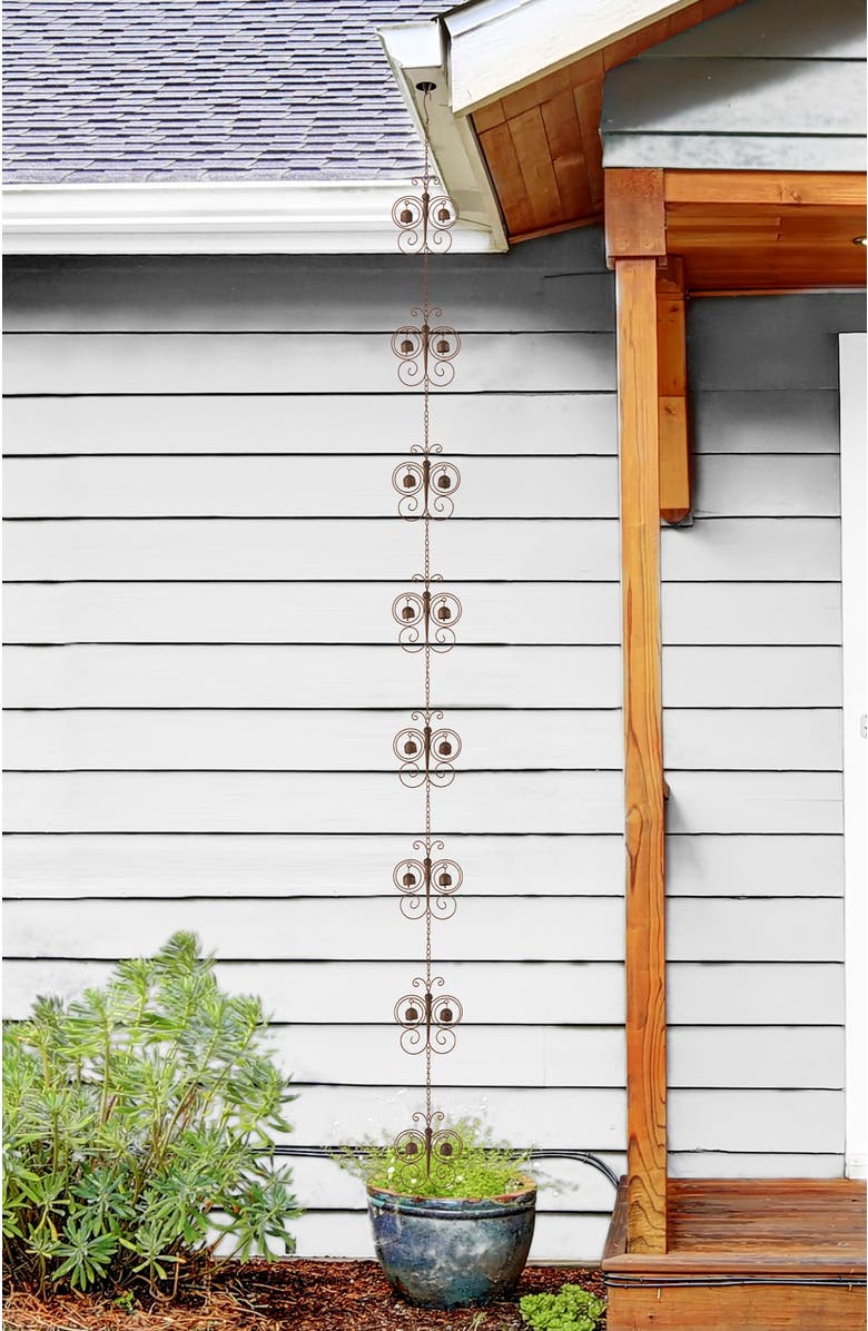 Glitzhome 8.5ft Faux Copper Butterfly Shaped Rain Chain with V-Shaped Gutter Clip, Alternate, color, Bronze