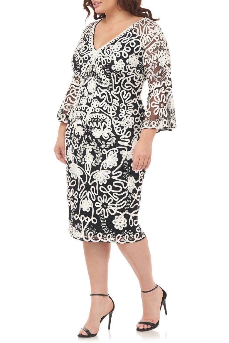 Bell Sleeve Mesh Shift Dress, Alternate, color, IVORY BLACK