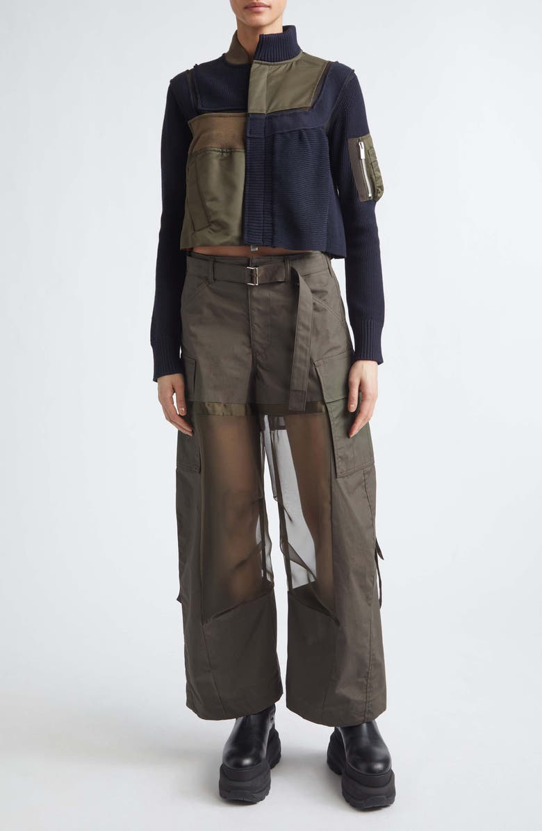Sacai Mixed Media Coated Cotton & Chiffon Wide Leg Cargo Pants, Alternate, color, Dark Khaki