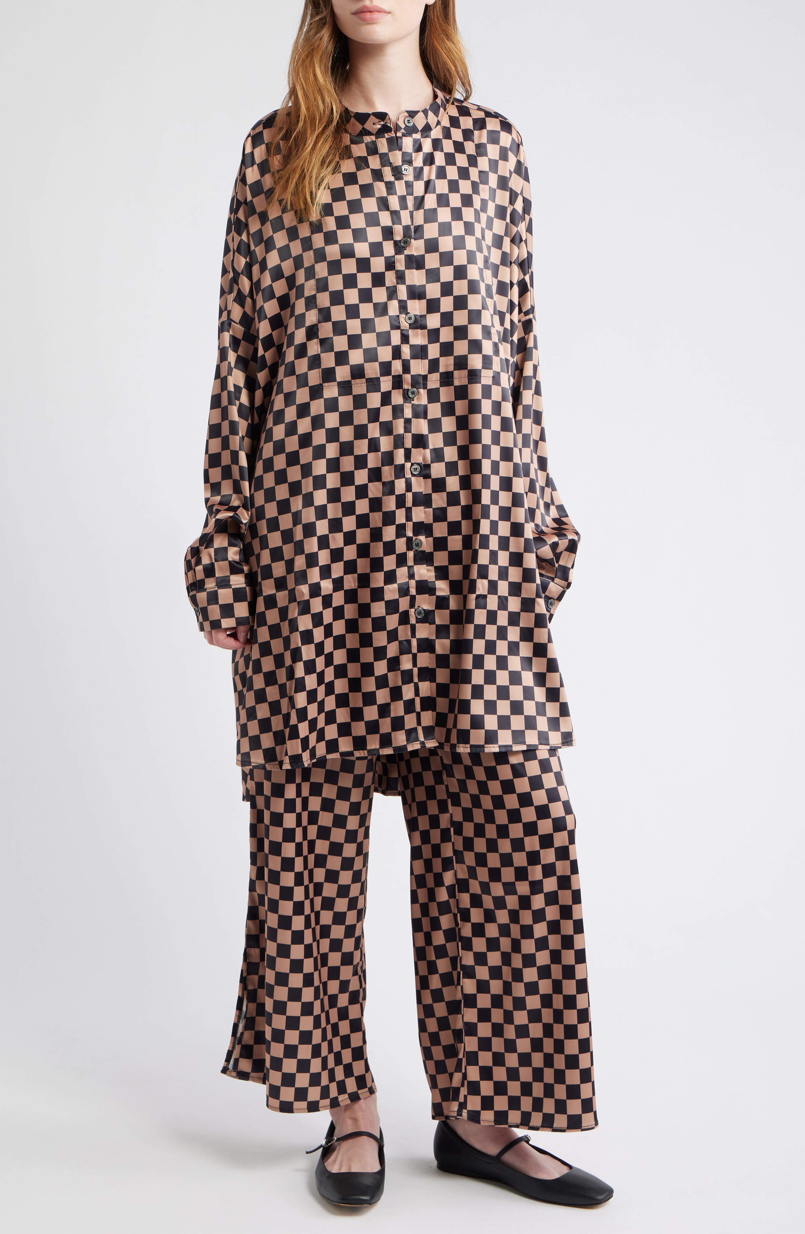 Dressed in Lala Iced Coffee Checkerboard Button-Up Satin Shirt & Pants Set