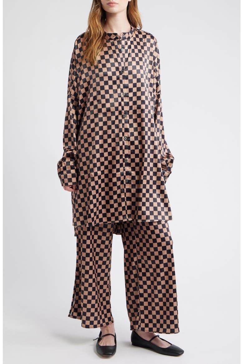 Iced Coffee Checkerboard Button-Up Satin Shirt & Pants Set, Main, color, ICED COFFEE