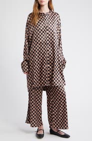 Dressed in Lala Iced Coffee Checkerboard Button-Up Satin Shirt & Pants Set