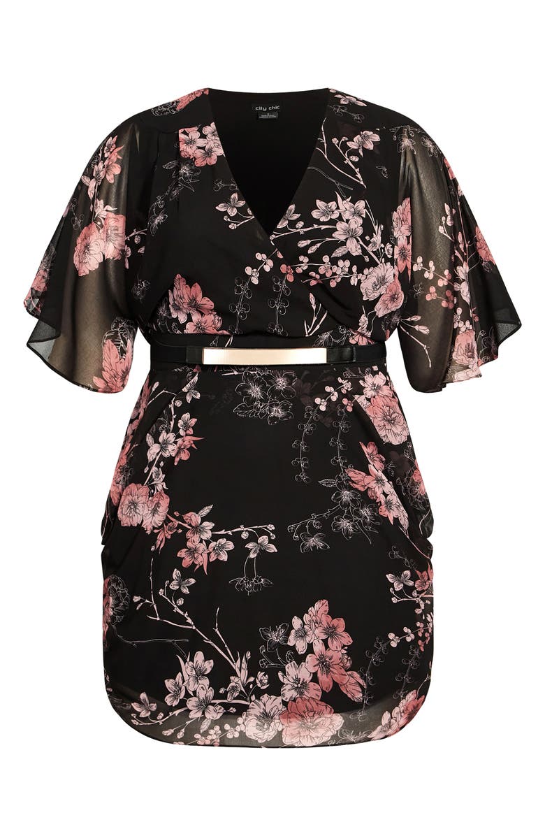 City Chic Bold Blossom Belted Floral Dress, Main, color, Black Print