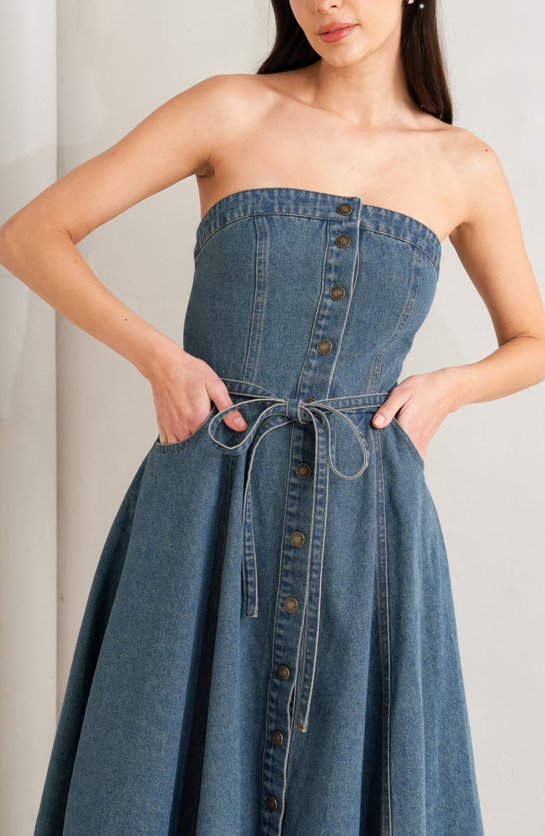 FREEMARKET Belted Strapless High-Low Midi Dress, Alternate, color, Medium Indigo