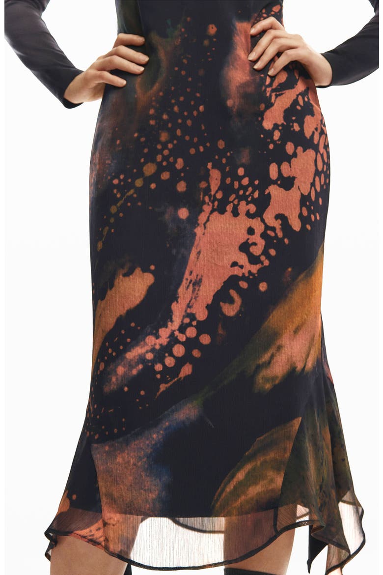 Abstract Print Long Sleeve Dress, Alternate, color, BLACK
