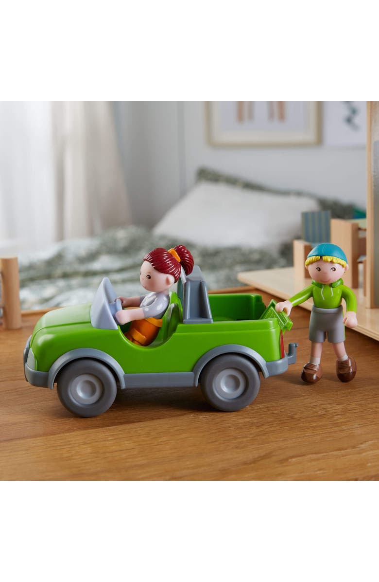 HABA Little Friends Out and About Playset with 2 Toy Figures and Green Momentum Motor Vehicle, Alternate, color, 