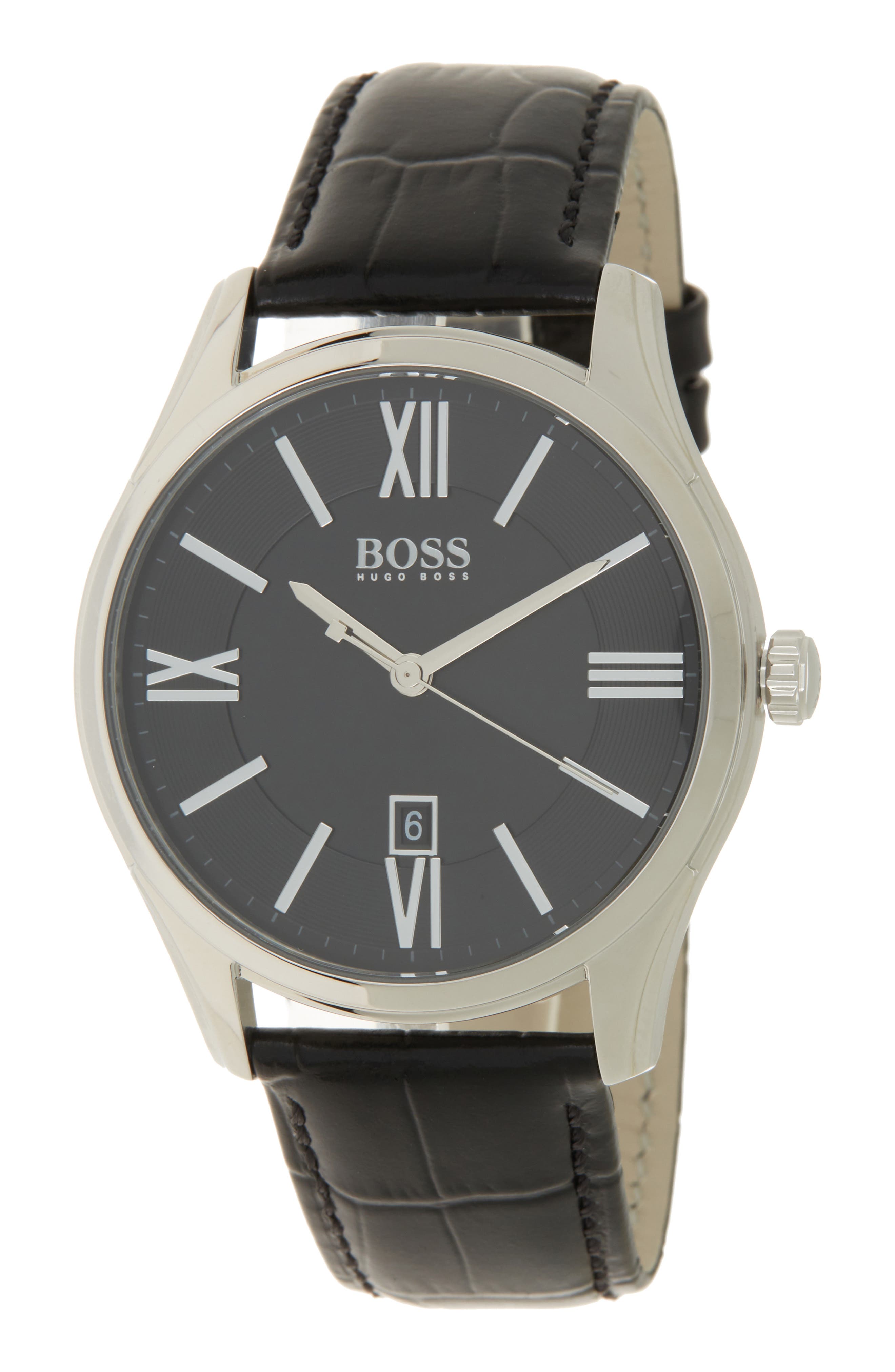 BOSS Ambassador Croc Embossed Leather Strap Watch, 43mm