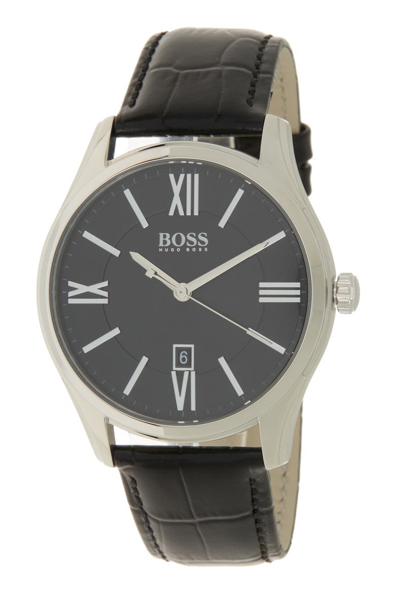 Ambassador Croc Embossed Leather Strap Watch, 43mm, Main, color, BLACK